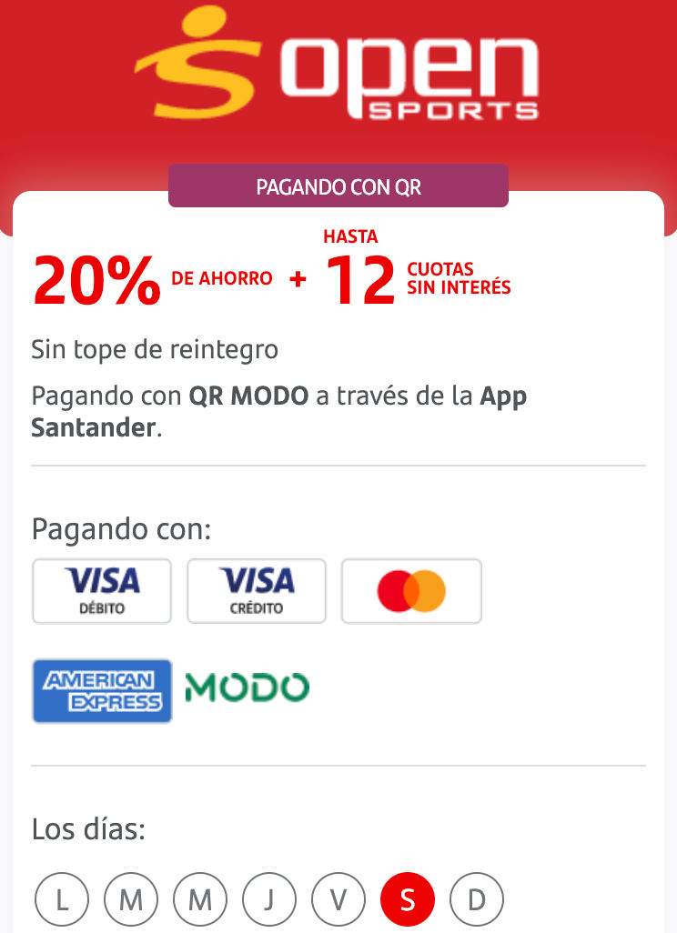 15% de descuento y 9 cuotas en OpenSports y Trip con Santander y MODO