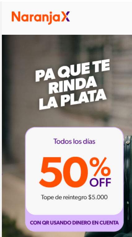 [Usuarios AMBA] 50% de descuento pagando con Naranja X con dinero en cuenta