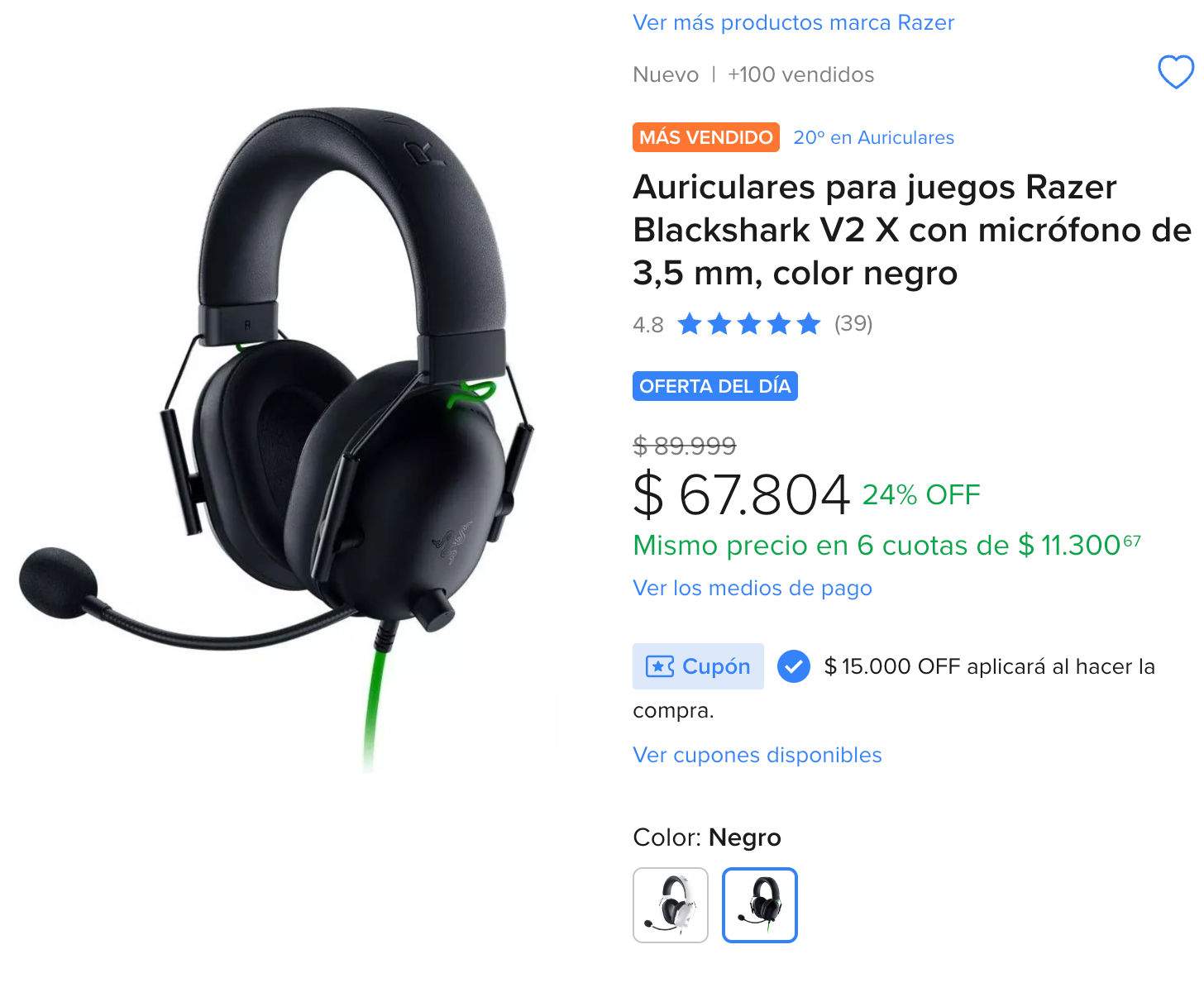 Auriculares gaming Razer Blackshark V2 a $52.804 con cupón en Mercado Libre