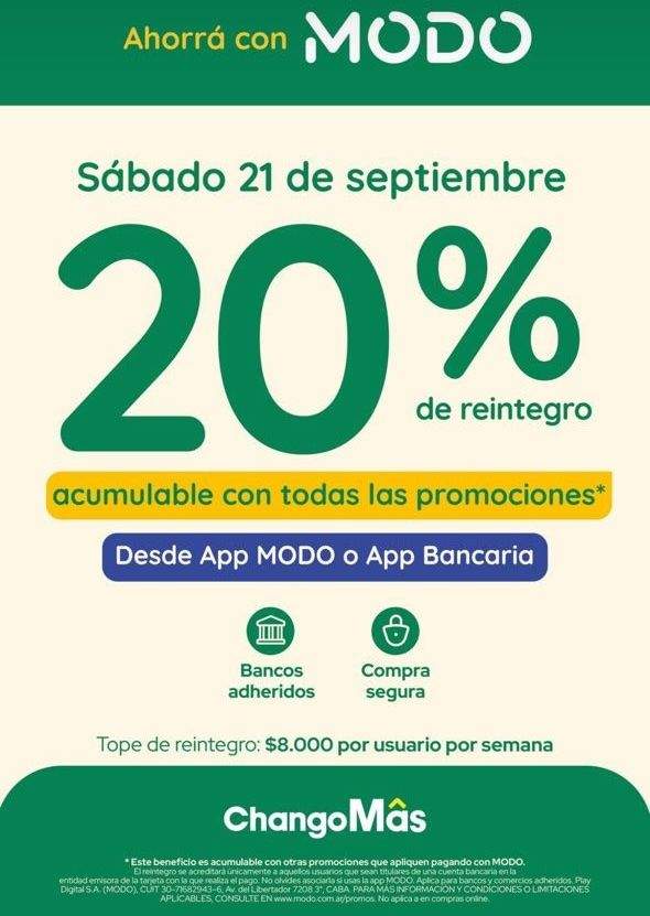 20% de reintegro acumulable en ChangoMás con MODO