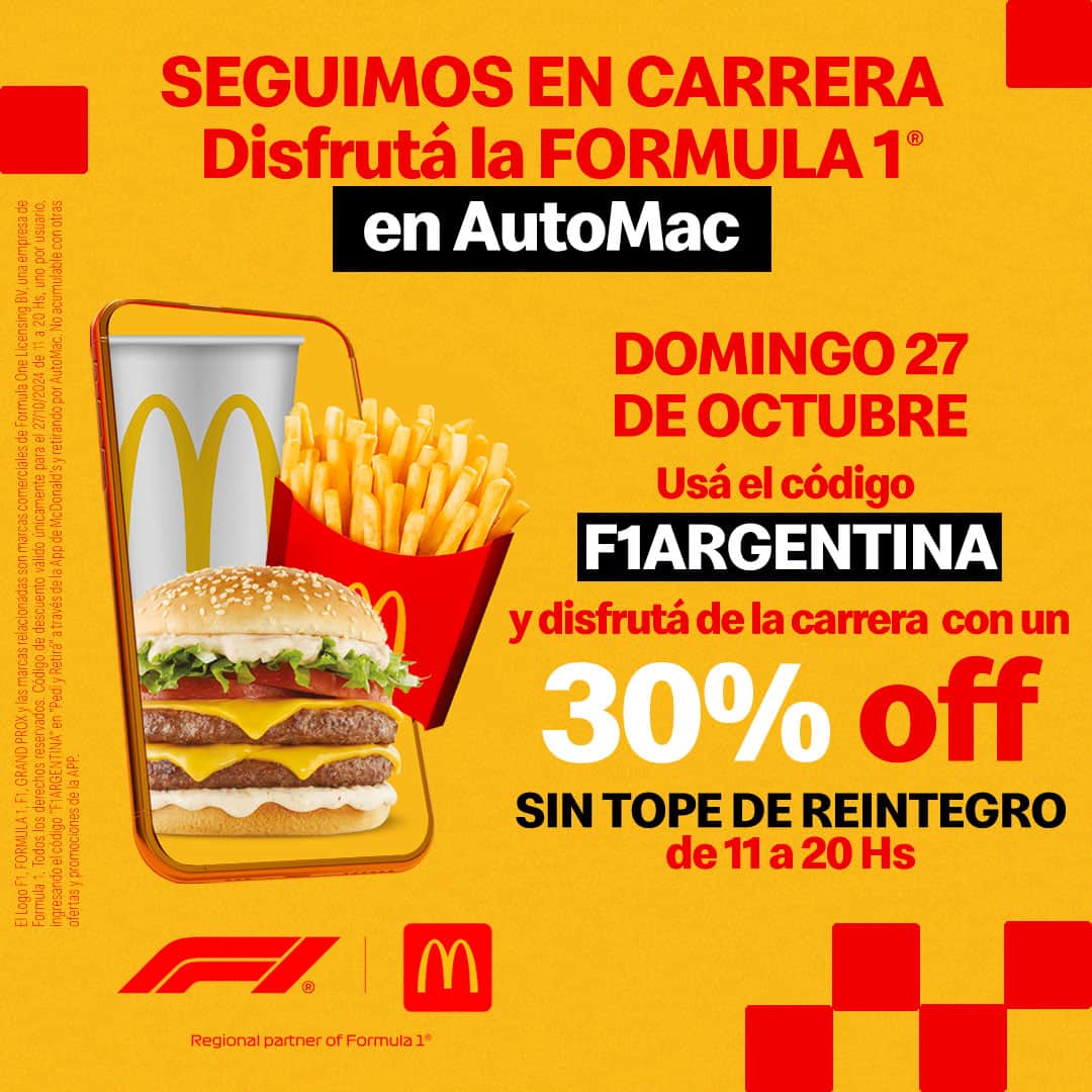 Cupón 30% de descuento en McDonalds hasta las 20hs por AutoMac