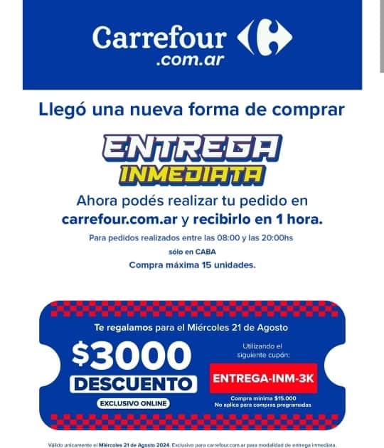 [CABA] Cupón $3.000 con entrega inmediata en Carrefour