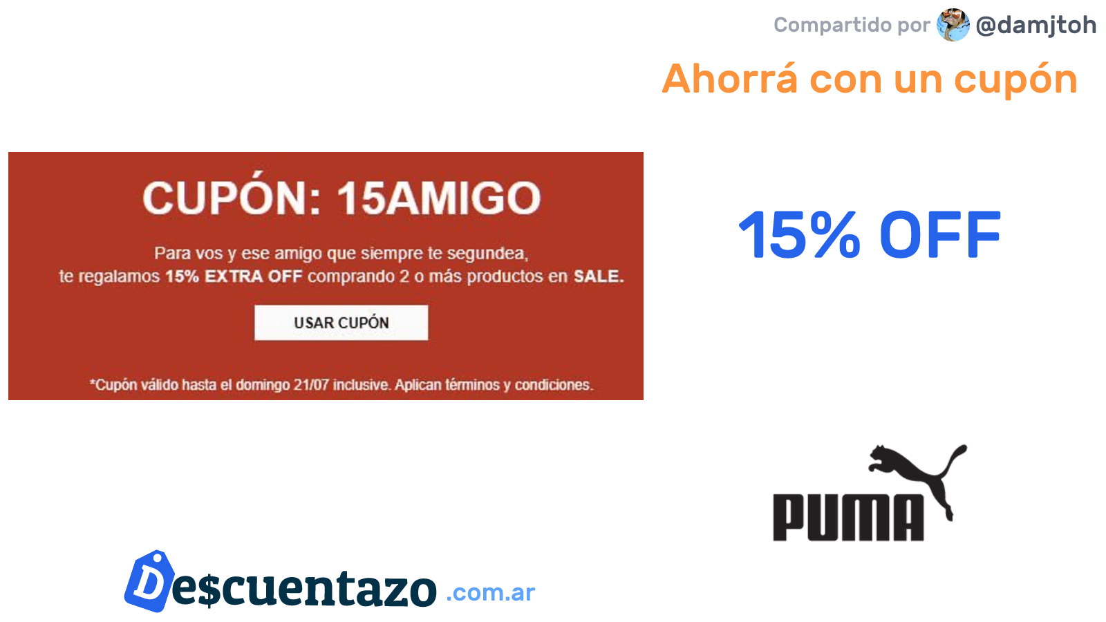 Cupon 15 EXTRA OFF en Puma