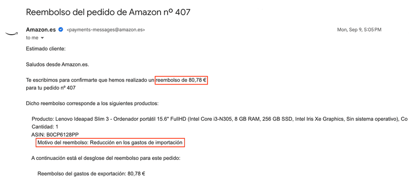 Ejemplo de un reembolso de impuestos realizado por Amazon