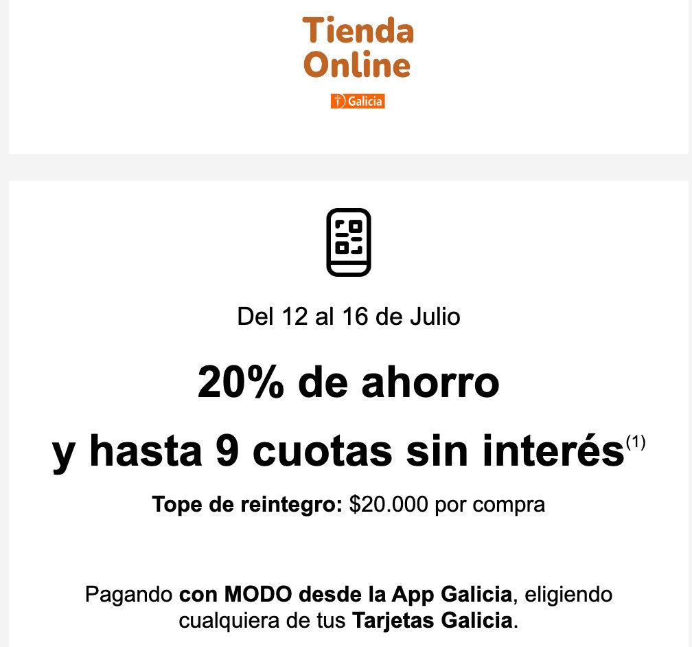 20% de descuento y hasta 9 cuotas en Tienda Online Galicia con Modo