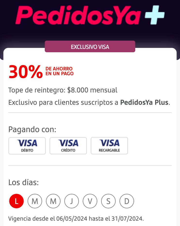 [PedidosYa Plus] 30% de reintegro en PedidosYa con Santander