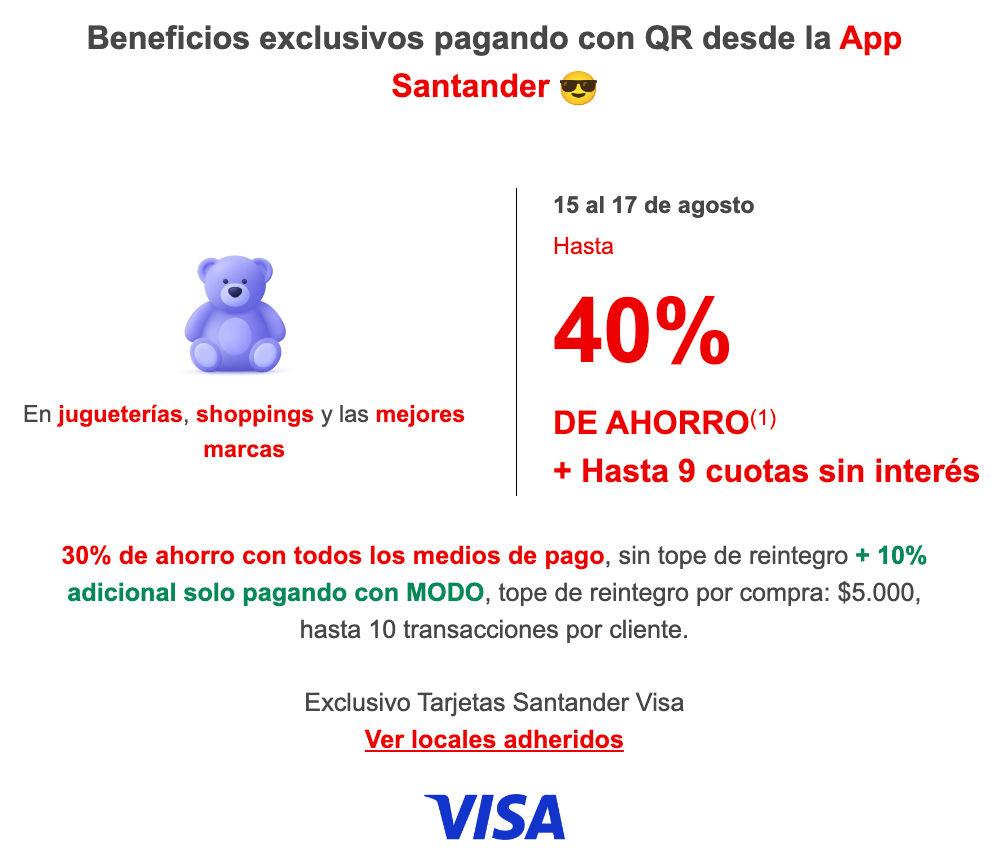 Día del niño: 40% de ahorro y 9 cuotas en jugueterías y shoppings con Santander VISA