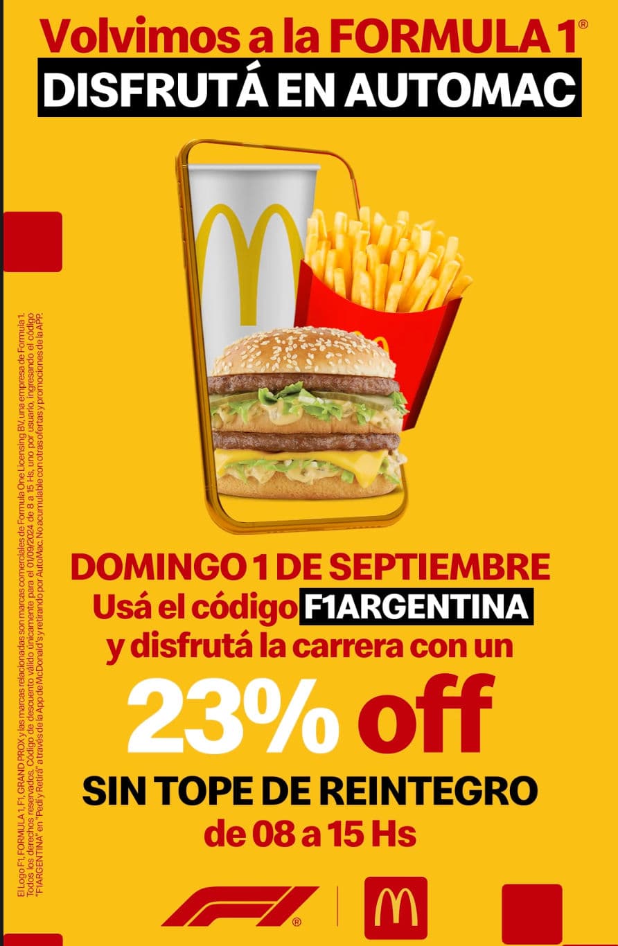 Hasta las 15hs: cupón 23% de descuento por AutoMac en McDonald's 