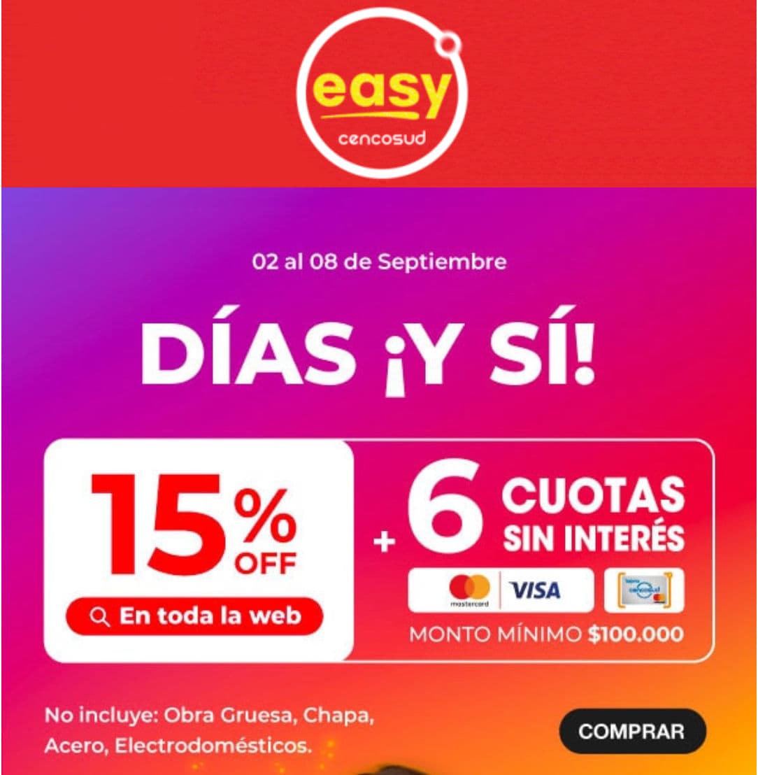 15% de descuento y 6 cuotas en toda la web de Easy