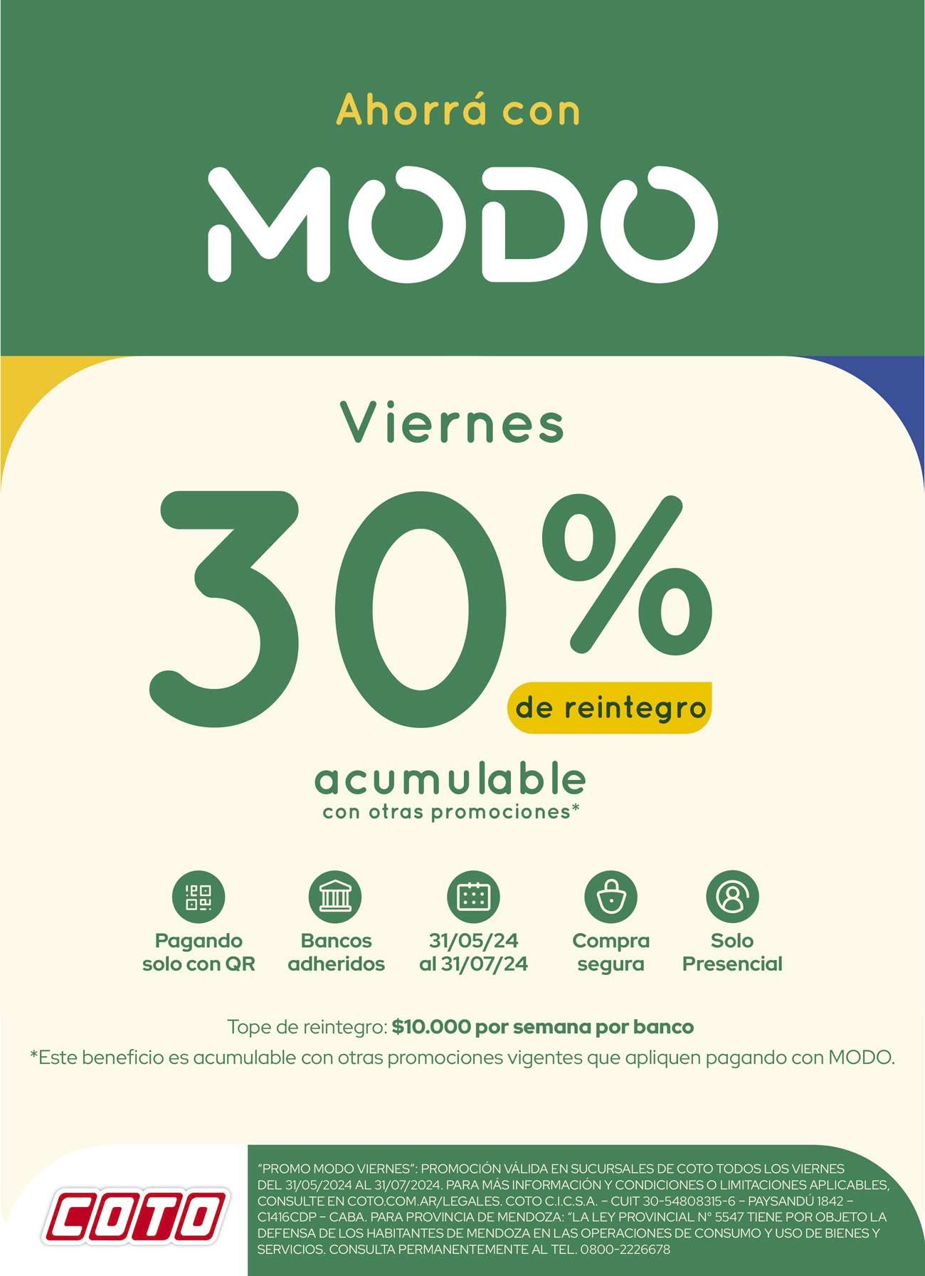 30% de reintegro en compras en Coto con MODO