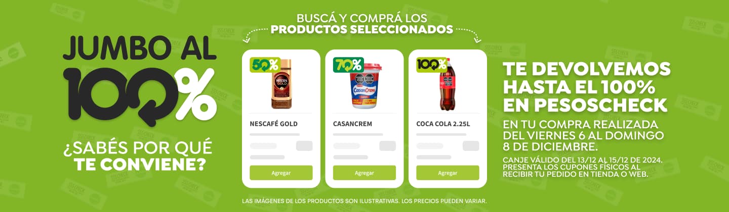 Jumbo al 100%: Recibí hasta el 100% de tu compra en pesos checks